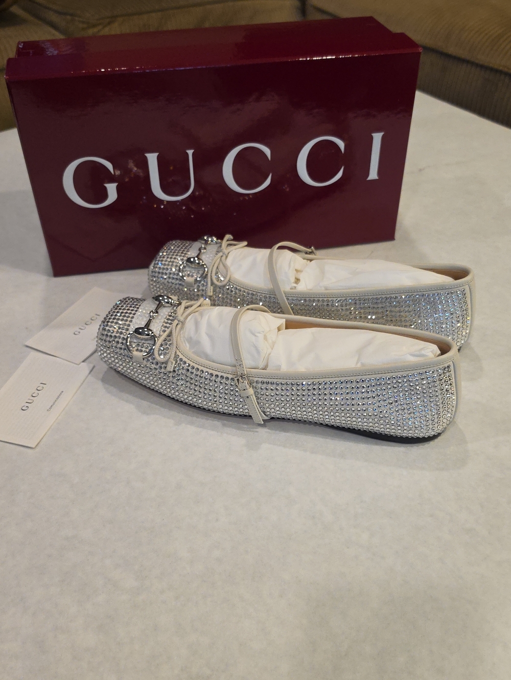 Gucci Crystal-Embellished Flats in Silver and Ivory